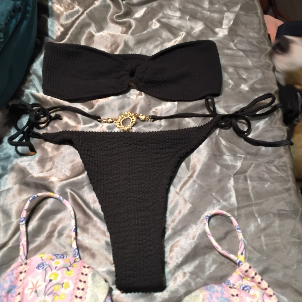 Forever 21 Black Textured Bikini with Gold Detail
